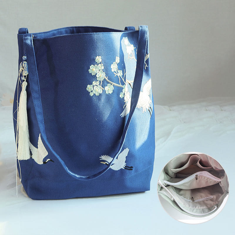 Buddha Stones Flower Crane Plum Blossom Embroidery Canvas Large Capacity Shoulder Bag Tote Bag