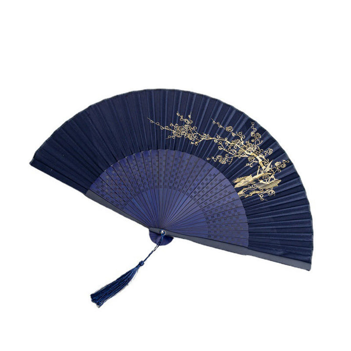 Buddha Stones Crane Dragonfly Lotus Peony Plum Blossom Butterfly Handheld Silk Bamboo Folding Fan 22.5cm