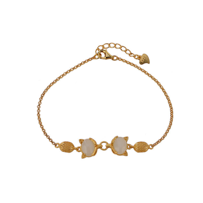 Buddha Stones 925 Sterling Silver Natural Hetian White Jade Cyan Jade Lovely Fox Luck Bracelet - image 11