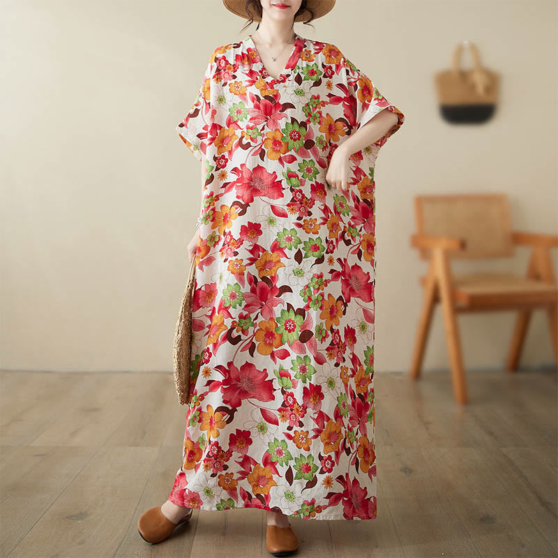 Buddha Stones Red Blue Green Flowers Midi Dress Cotton Half Sleeve Dress With Pockets