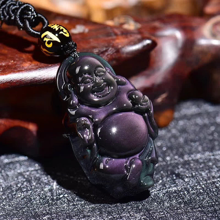 Natural Rainbow Obsidian Laughing Buddha Inner Peace Necklace Pendant