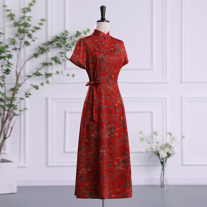 Buddha Stones Vintage Auspicious Clouds Leaf Print Cheongsam Dress Women's Qipao Dress