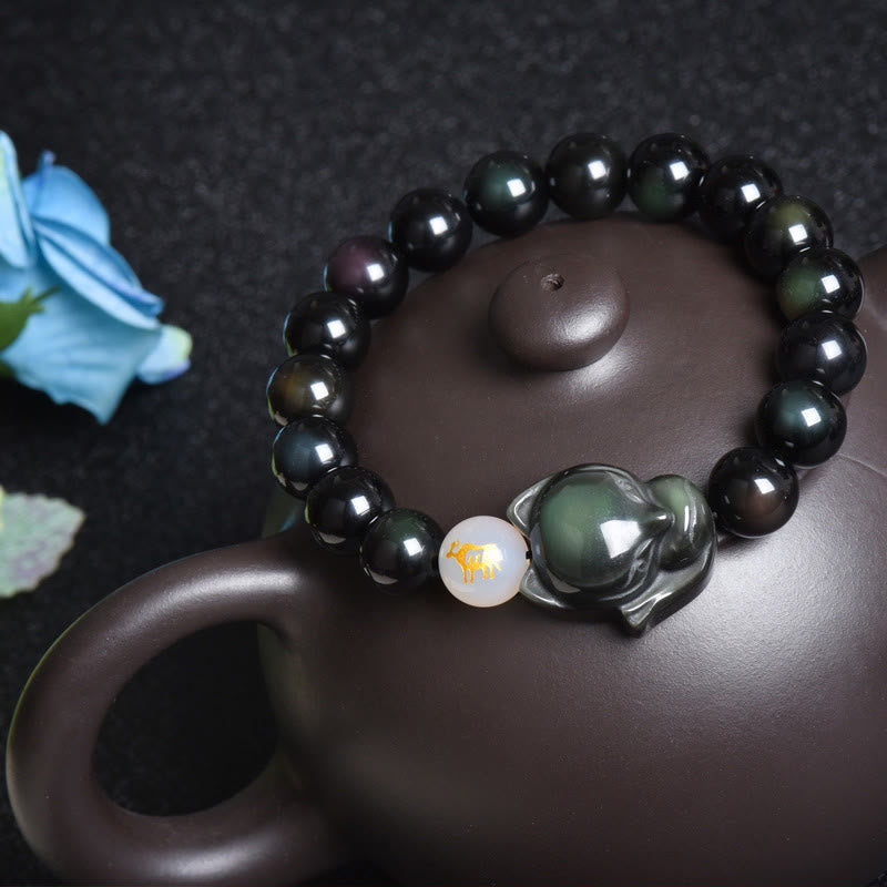 Buddha Stones Natural Rainbow Obsidian Gold Sheen Obsidian Silver Sheen Obsidian Fox Healing Bracelet