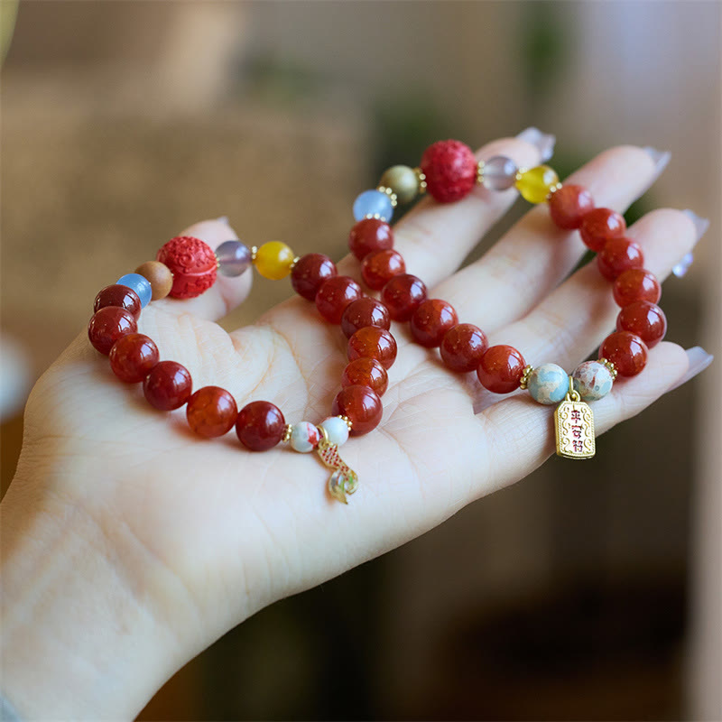 Buddha Stones Natural Red Agate Peace Talisman Fu Character Dragon Tail Confidence Charm Bracelet