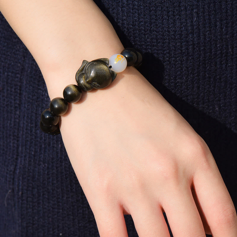 Buddha Stones Natural Rainbow Obsidian Gold Sheen Obsidian Silver Sheen Obsidian Fox Healing Bracelet