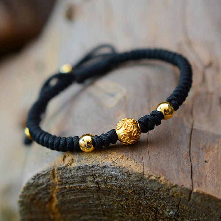 Buddha Stones 999 Sterling Silver Om Mani Padme Hum Copper Coin Luck Strength String Couple Bracelet - Golden Copper Coin - Black Rope(Bracelet Size 15.5-24cm) - image 2