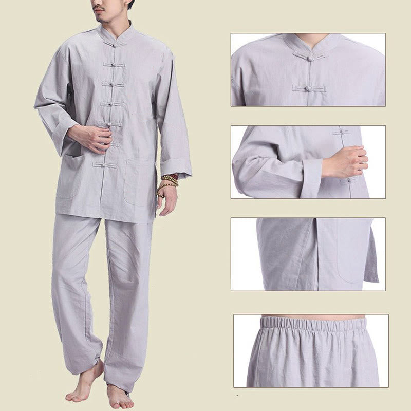 Buddha Stones Chinese Frog Button Design Meditation Prayer Cotton Linen Spiritual Zen Practice Yoga Clothing Men's Set