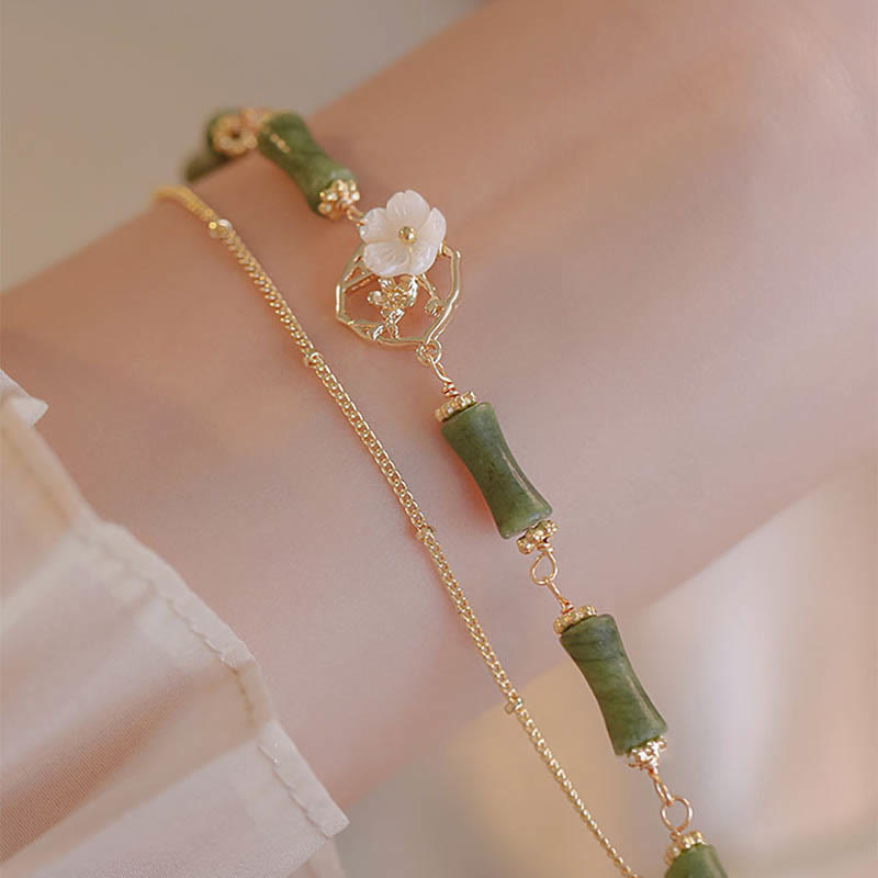 Buddha Stones 14k Gold Plated Copper Peridot Bamboo Flower Wealth Double Layer Bracelet