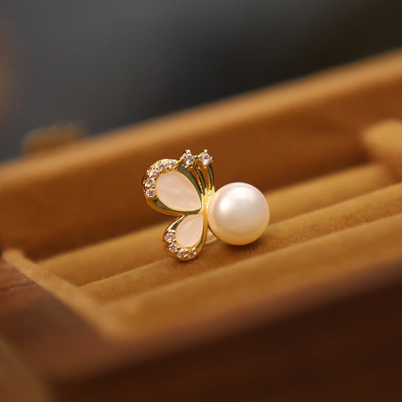 Buddha Stones 925 Sterling Silver Posts 18K Gold Plated Copper Natural Pearl Butterfly Zircon Healing Stud Earrings