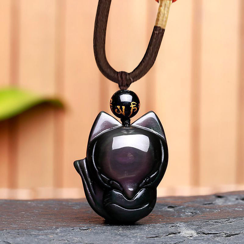 Buddha Stones Natural Rainbow Obsidian Gold Sheen Obsidian Nine Tailed Fox Positive Necklace Pendant