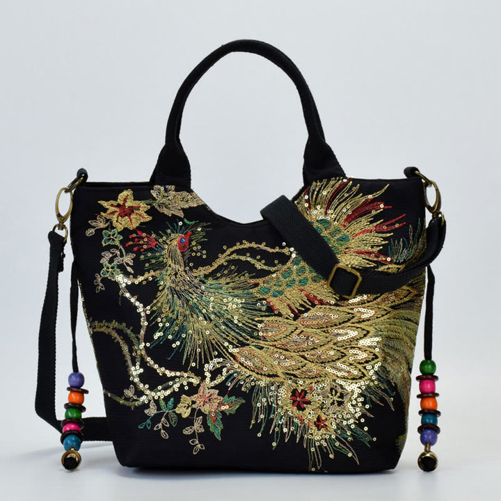 Buddha Stones Peacock Double-sided Embroidery Tote Bag Shoulder Bag Crossbody Bag - Black Peacock - Shoulder Bag/Tote Bag - image 7