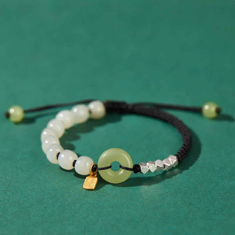 925 Sterling Silver Hetian Jade Peace Buckle Beaded Luck Happiness Charm Bracelet - Black - image 10