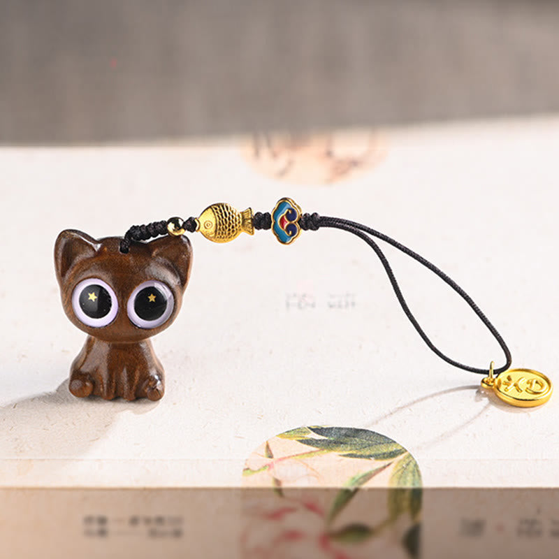 Buddha Stones Green Sandalwood Lucky Cat Koi Fish Cure Key Chain Phone Hanging Decoration - image 5