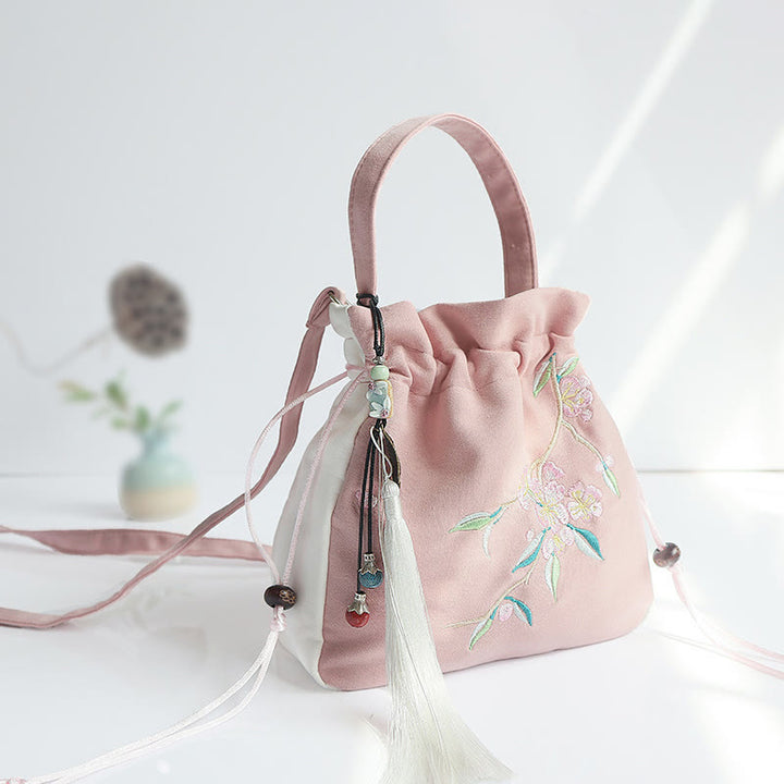 Buddha Stones Handmade Embroidered Flowers Canvas Tote Shoulder Bag Handbag - Pink White Peach Blossom 20*20cm - image 38