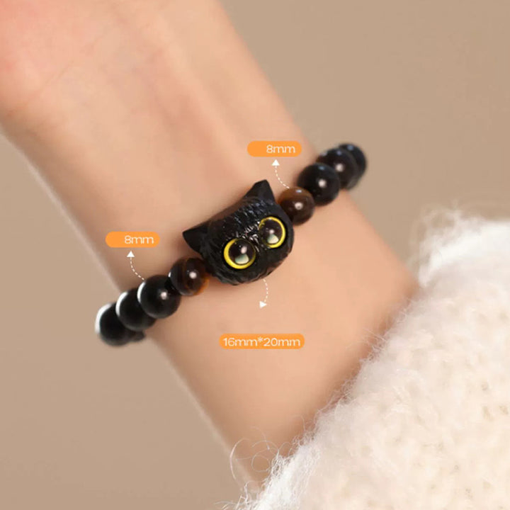 Buddha Stones Cute Ebony Wood Cat Head Pattern Peace Bracelet