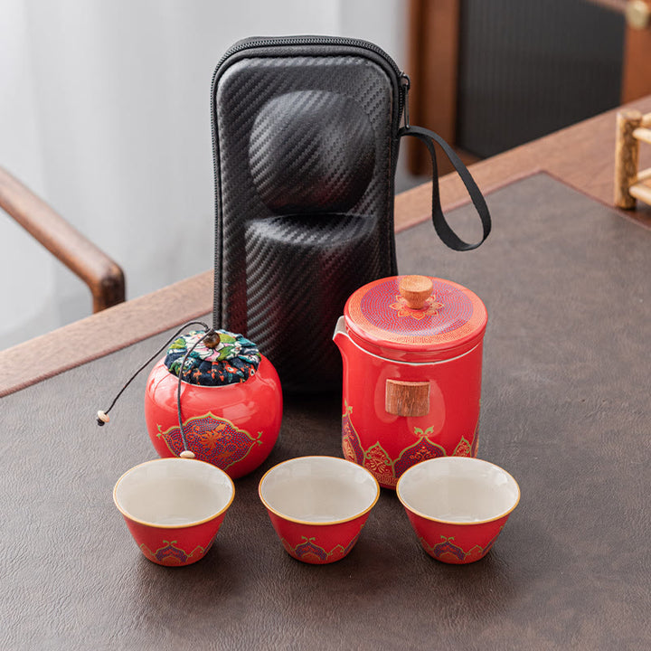 Buddha Stones Flower Chinese Gongfu Ceramic Teapot Portable Outdoor Travel Tea Set Bag