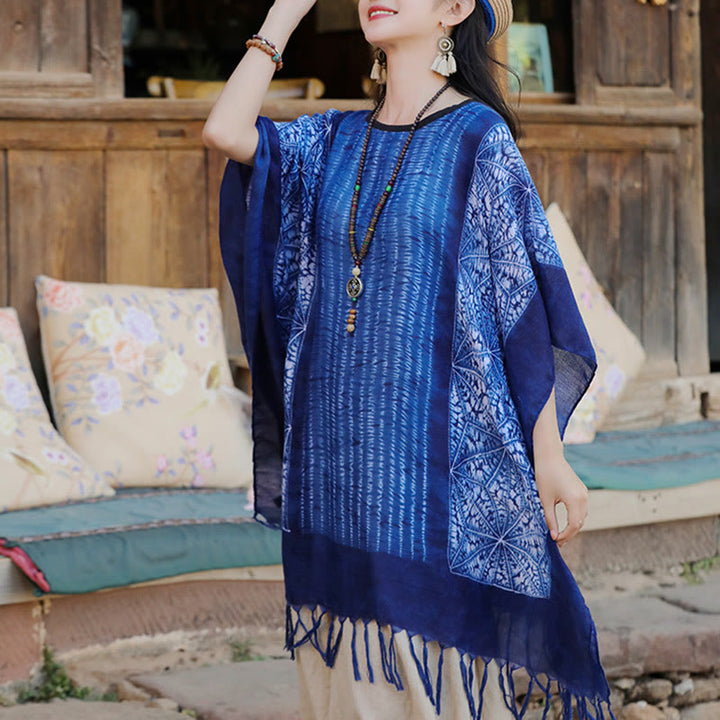 Buddha Stones Blue Geometric Stripes Batik Shawl Tassels Cozy Travel Pullover 90*95cm