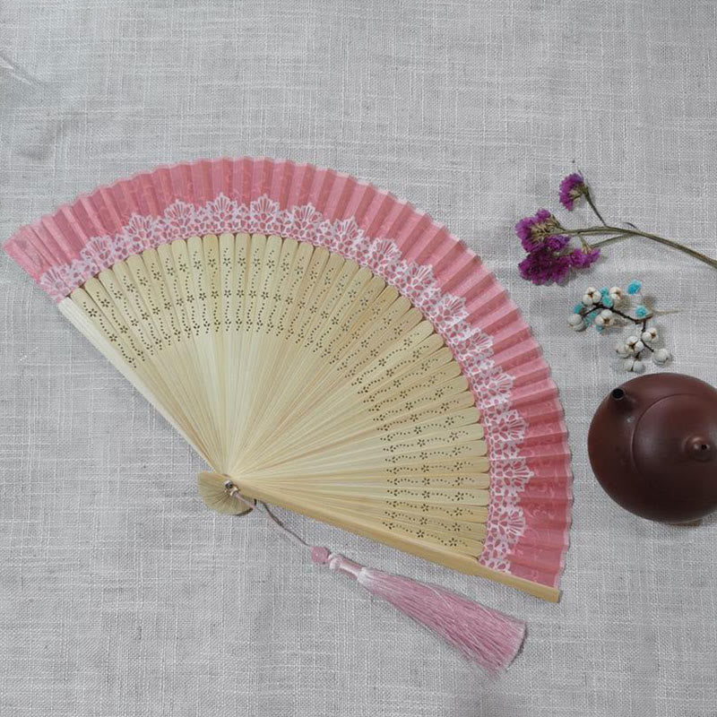 Buddha Stones Simple Hollow Engraved Handheld Bamboo Folding Fan