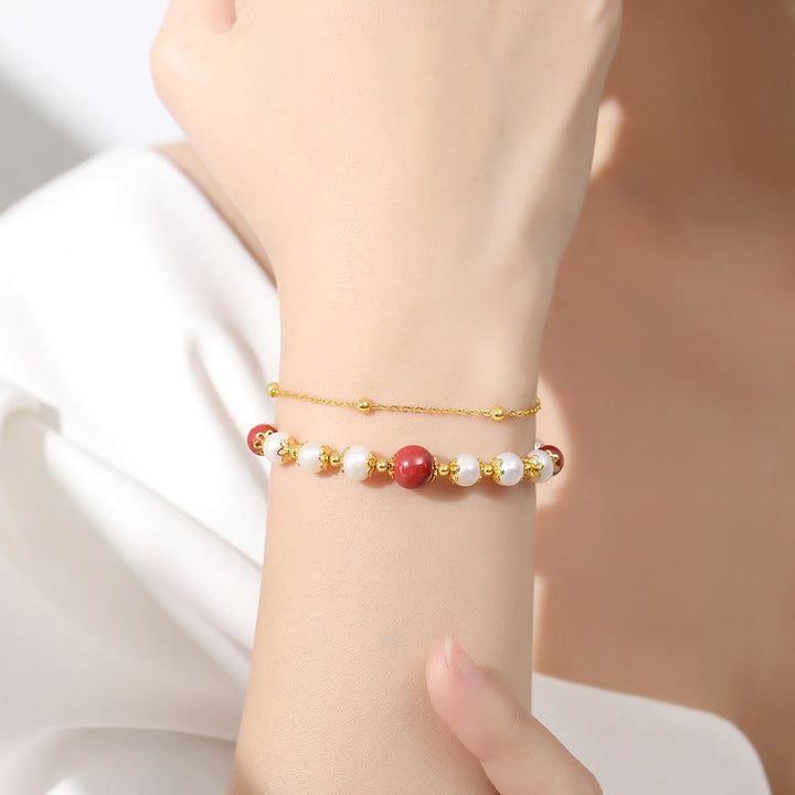 Buddha Stones 925 Sterling Silver Pearl Cinnabar Wisdom Bead Double Layer Chain Bracelet - image 2