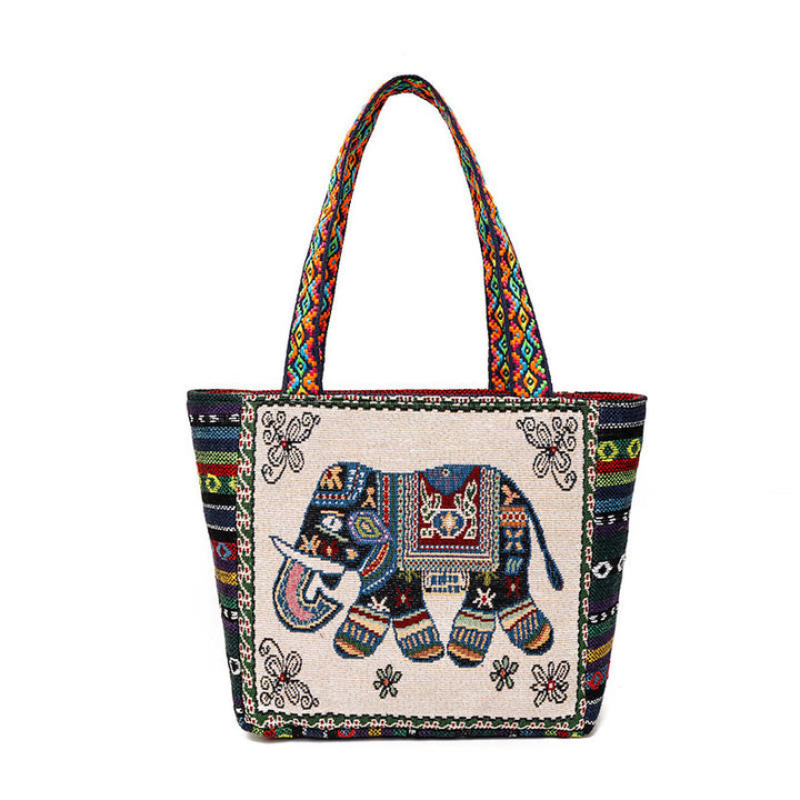 Elephant Butterfly Embroidered Large Capacity Canvas Tote Bag Shoulder Bag