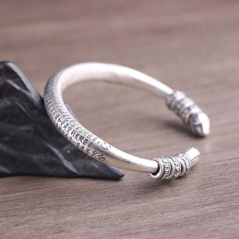 Buddha Stones 999 Sterling Silver Heart Sutra Om Mani Padme Hum Engraved Peace Purity Bracelet Bangle - image 8