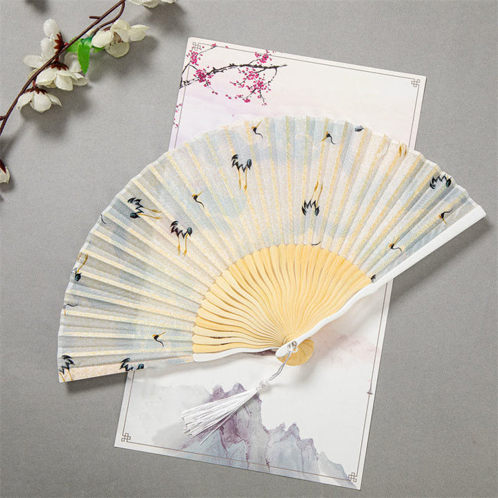 Buddha Stones Flying White Crane Sun Cloud Handheld Silk Bamboo Folding Fan 22cm