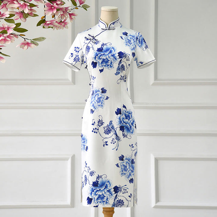 Buddha Stones Blue And White Porcelain Color Peony Flower Pattern Cheongsam Dress Women's Qipao Dress