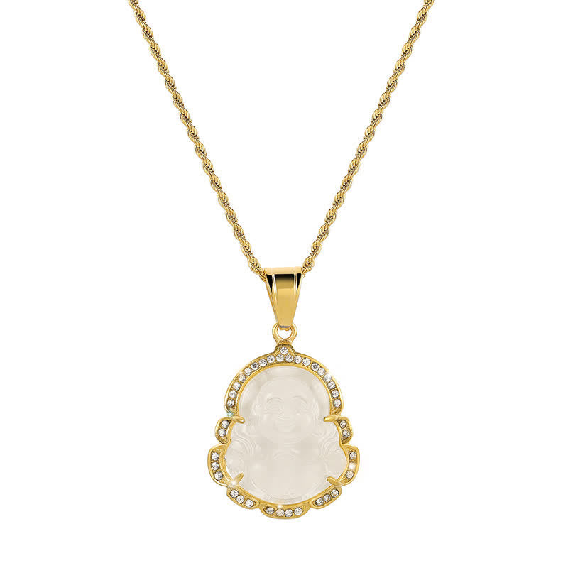 Buddha Stones 18K Gold Filled Laughing Buddha Jade Luck Necklace Chain Pendant - White - image 7