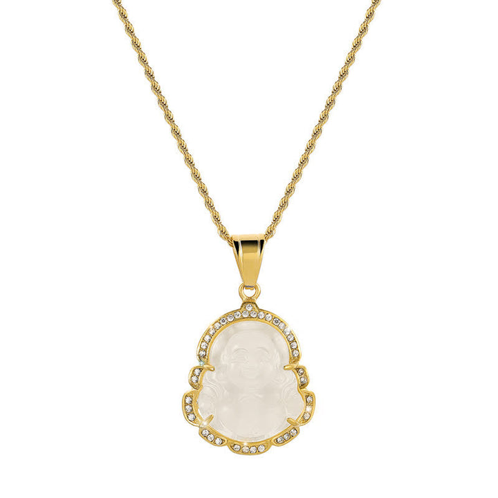 Buddha Stones 18K Gold Filled Laughing Buddha Jade Luck Necklace Chain Pendant - White - image 7
