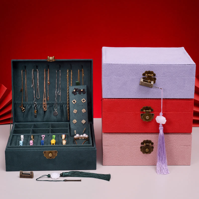 Buddha Stones Simple Design Jewelry Box Organizer Two-Layer Jewelry Storage Box Flannel Box With Lock - image 0