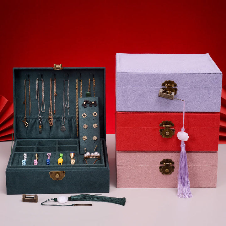 Buddha Stones Simple Design Jewelry Box Organizer Two-Layer Jewelry Storage Box Flannel Box With Lock - image 0