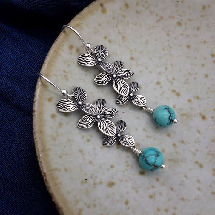 925 Sterling Silver Turquoise Lazurite Flower Leaf Serenity Protection Hook Drop Dangle Earrings - image 6