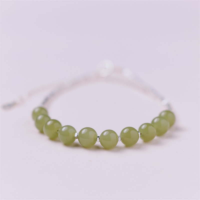 Buddha Stones 925 Sterling Silver Hetian Jade Bead Luck Chain Bracelet - image 1