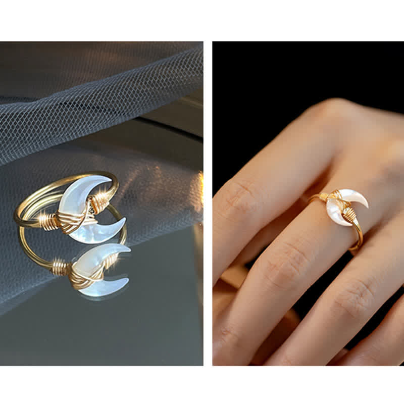 Buddha Stones Natural Tridacna Stone Moon 14K Gold Blessing Ring - image 10