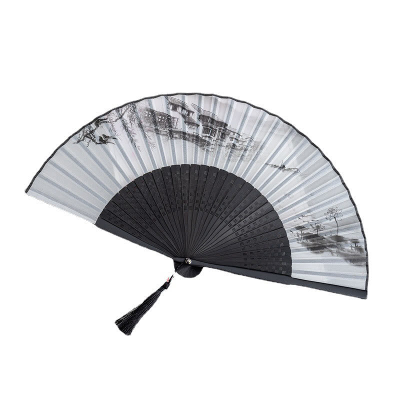 Buddha Stones Mountains Plum Blossom Lotus Magpie Bamboo Leaves Handheld Silk Bamboo Folding Fan 22.5cm