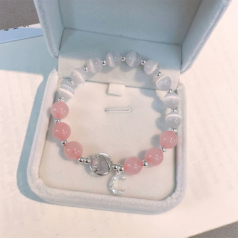 Buddha Stones Natural Cat's Eye Pink Crystal Moon Love Charm Bracelet - image 1