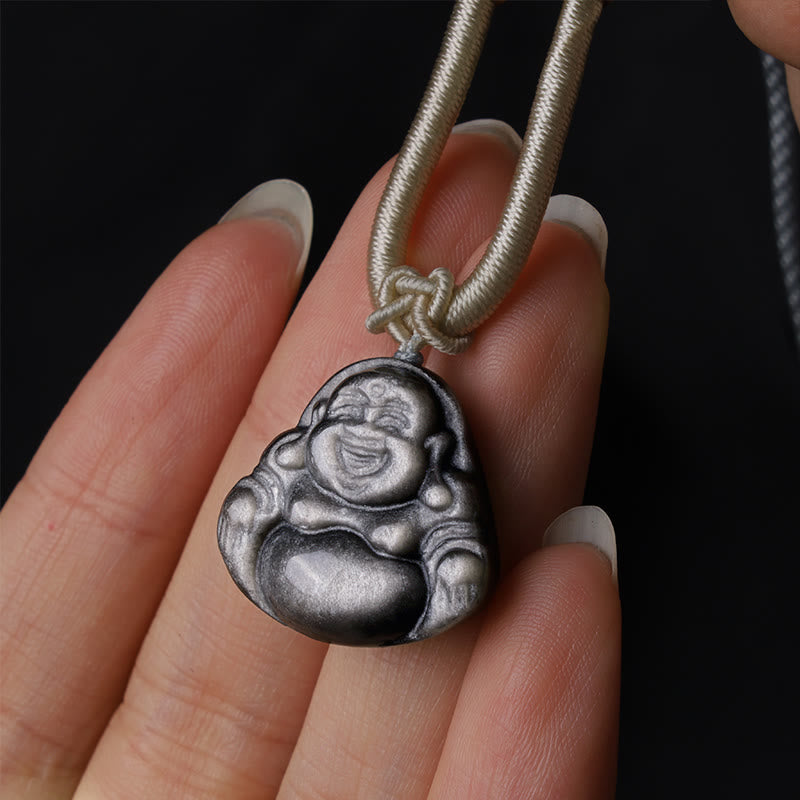 Buddha Stones Natural Silver Sheen Obsidian Laughing Buddha Protection Necklace Pendant - image 2