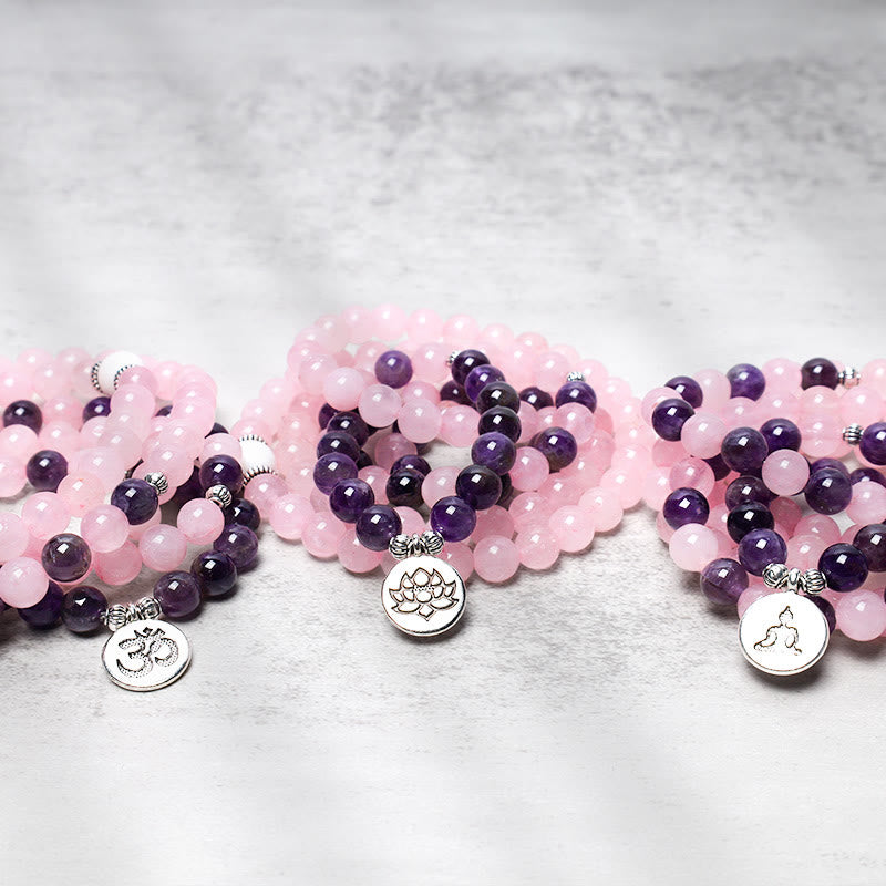 Buddha Stones Natural Rose Quartz & Amethyst Mala Bead Lotus Pendant Bracelet - image 6