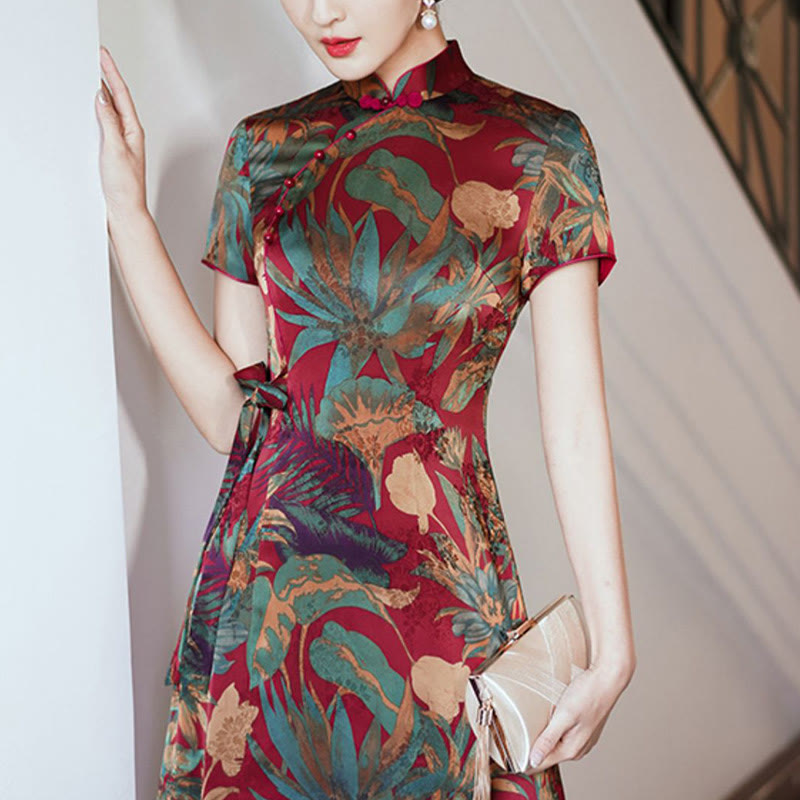 Buddha Stones Silk Qipao Dress Retro Flower Leaf Pattern Women's Cheongsam Dress