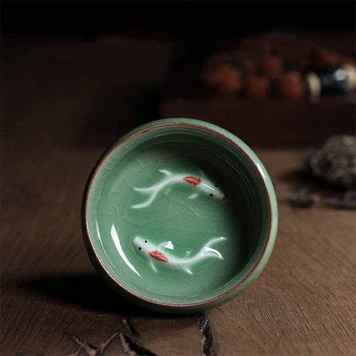 Buddha Stones Colorful Koi Fish Ceramic Teacup Kung Fu Tea Cup Bowl - Dark Green Koi Fish 6.8cm*3.4cm*55ml - image 23