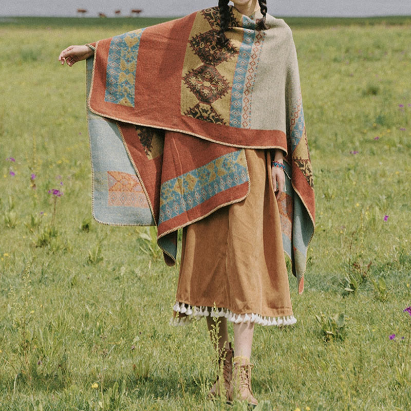 Buddha Stones Tibetan Shawl Diamond Pattern Winter Warm Cloak Scarf - image 1