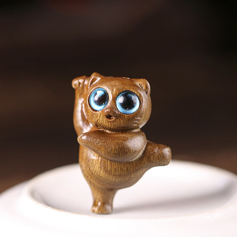 Buddha Stones Mini Green Sandalwood Dancing Cat Engraved Positive Desk Decorations - image 1