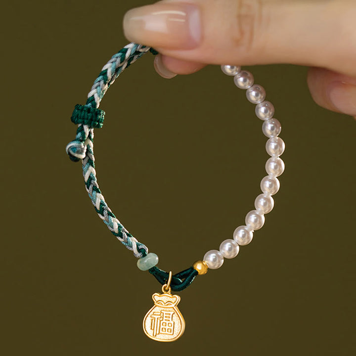 Buddha Stones 925 Sterling Silver Fu Character Lucky Bag Pearl Hetian Jade Wisdom Rope Bracelet