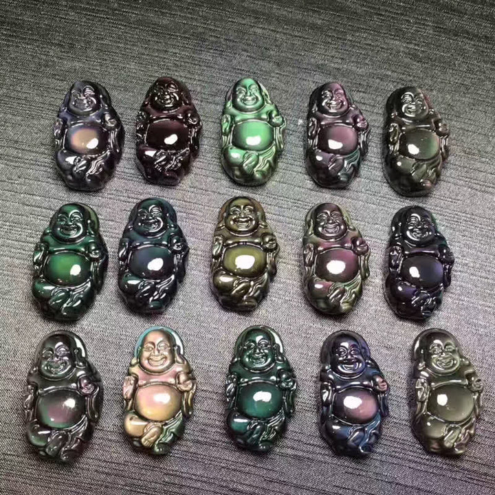 Natural Rainbow Obsidian Laughing Buddha Inner Peace Necklace Pendant