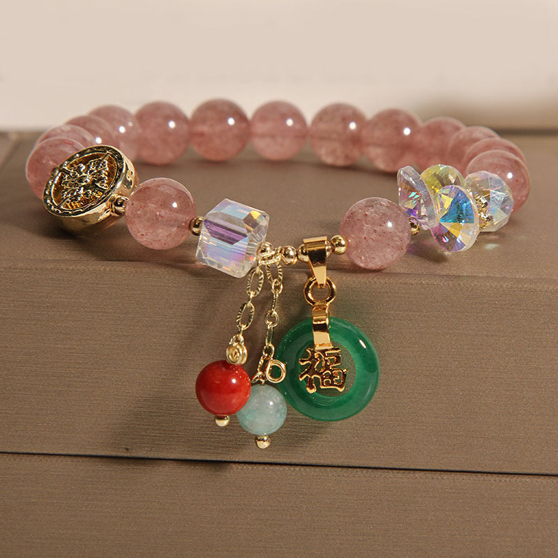 Buddha Stones Strawberry Quartz Jade Fu Character Charm Healing Bracelet