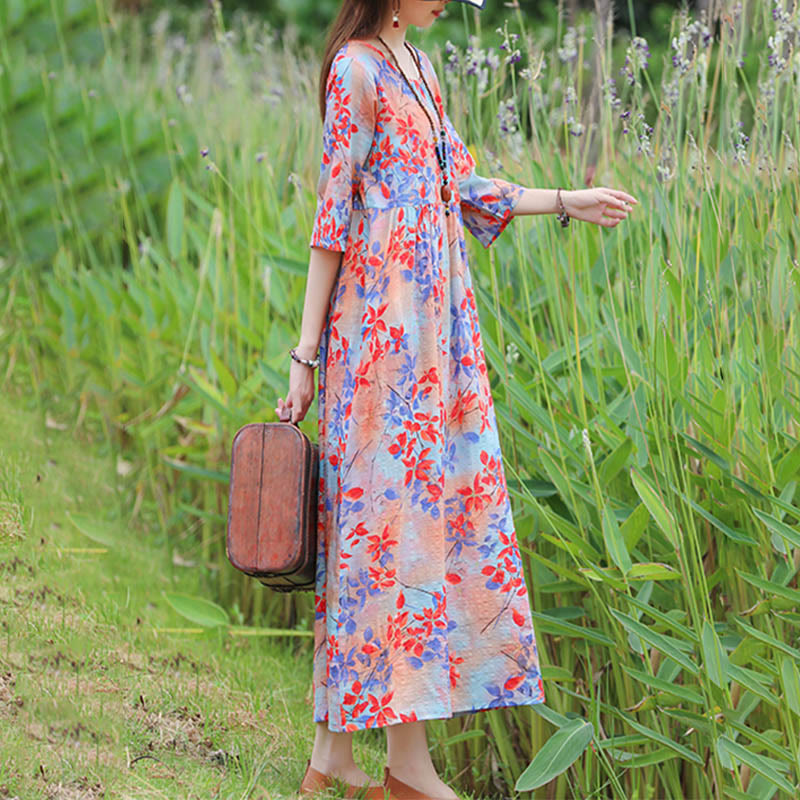 Buddha Stones Flowers Print Midi Dress Cotton Linen Tunic Dress With Pockets