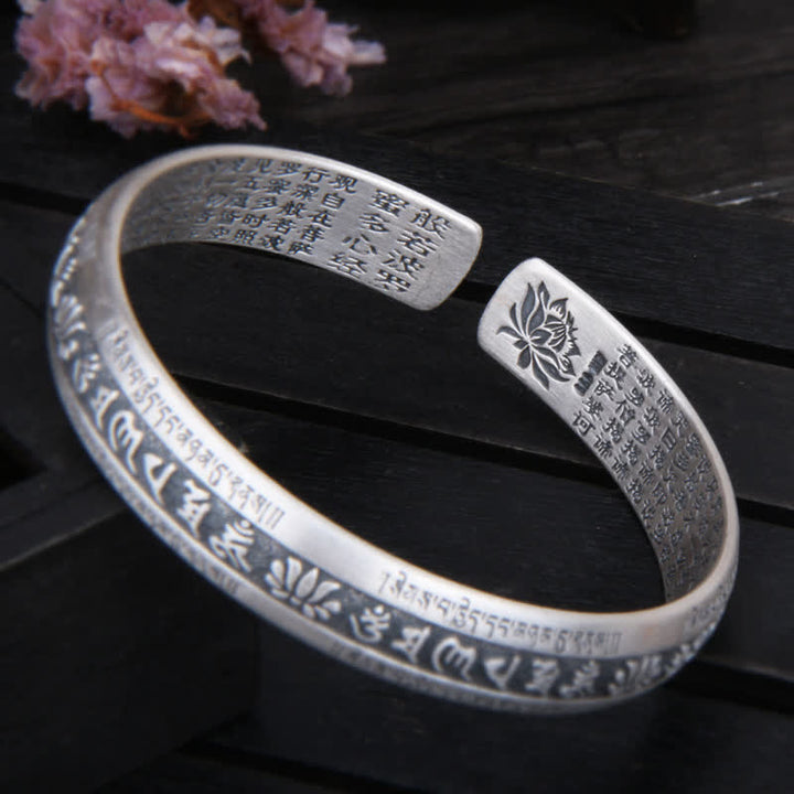 999 Sterling Silver Om Mani Padme Hum Heart Sutra Lotus Peace Bracelet Bangle - image 3