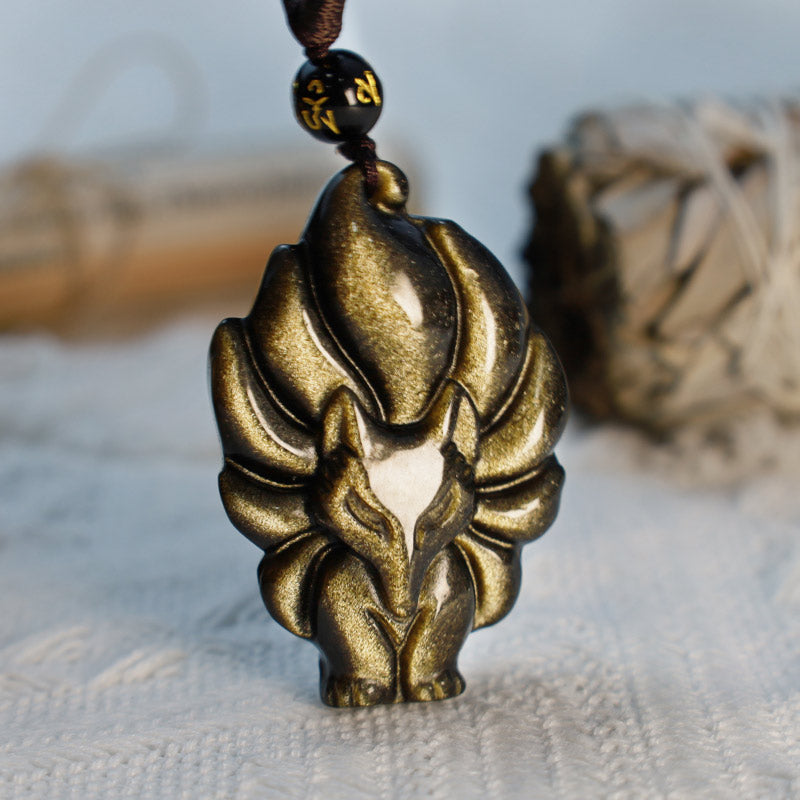 Buddha Stones Natural Rainbow Obsidian Gold Sheen Obsidian Nine Tailed Fox Positive Necklace Pendant