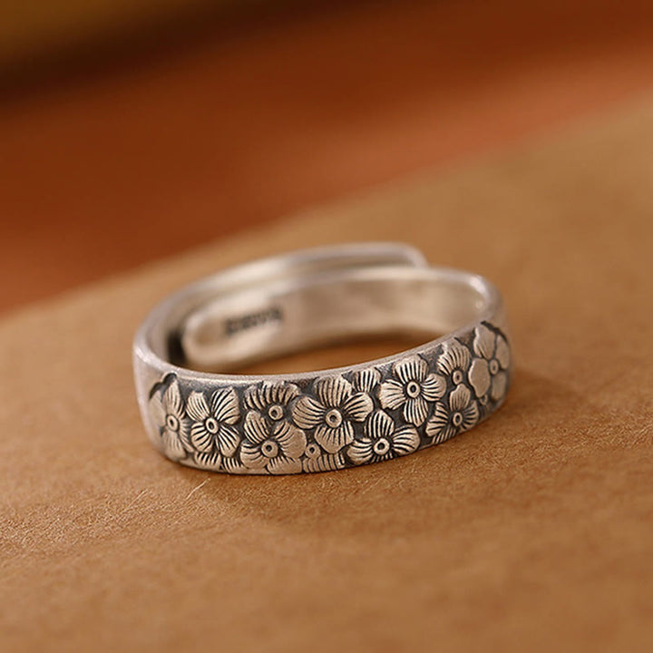 Buddha Stones 999 Sterling Silver Lotus Flower Plum Blossom Auspicious Clouds Engraved Enlightenment Ring - image 5