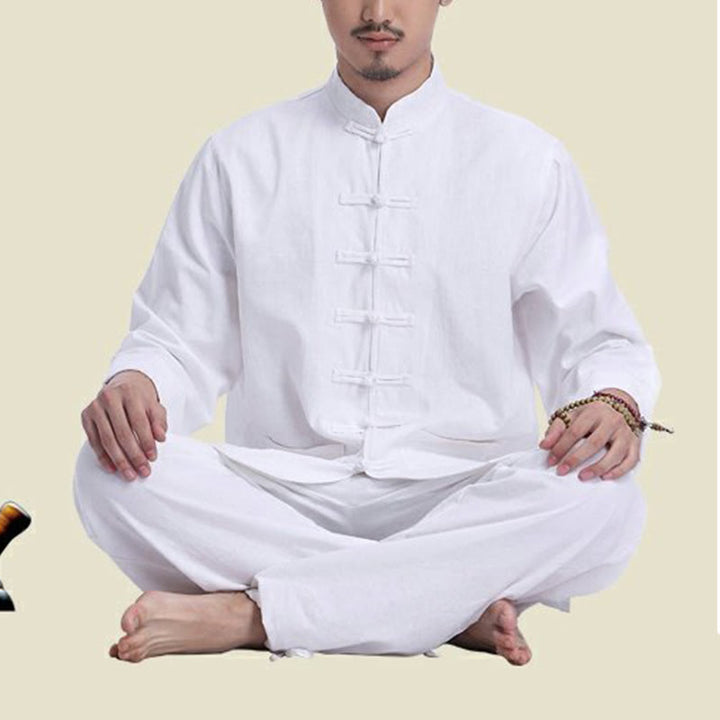 Buddha Stones Chinese Frog Button Design Meditation Prayer Cotton Linen Spiritual Zen Practice Yoga Clothing Men's Set